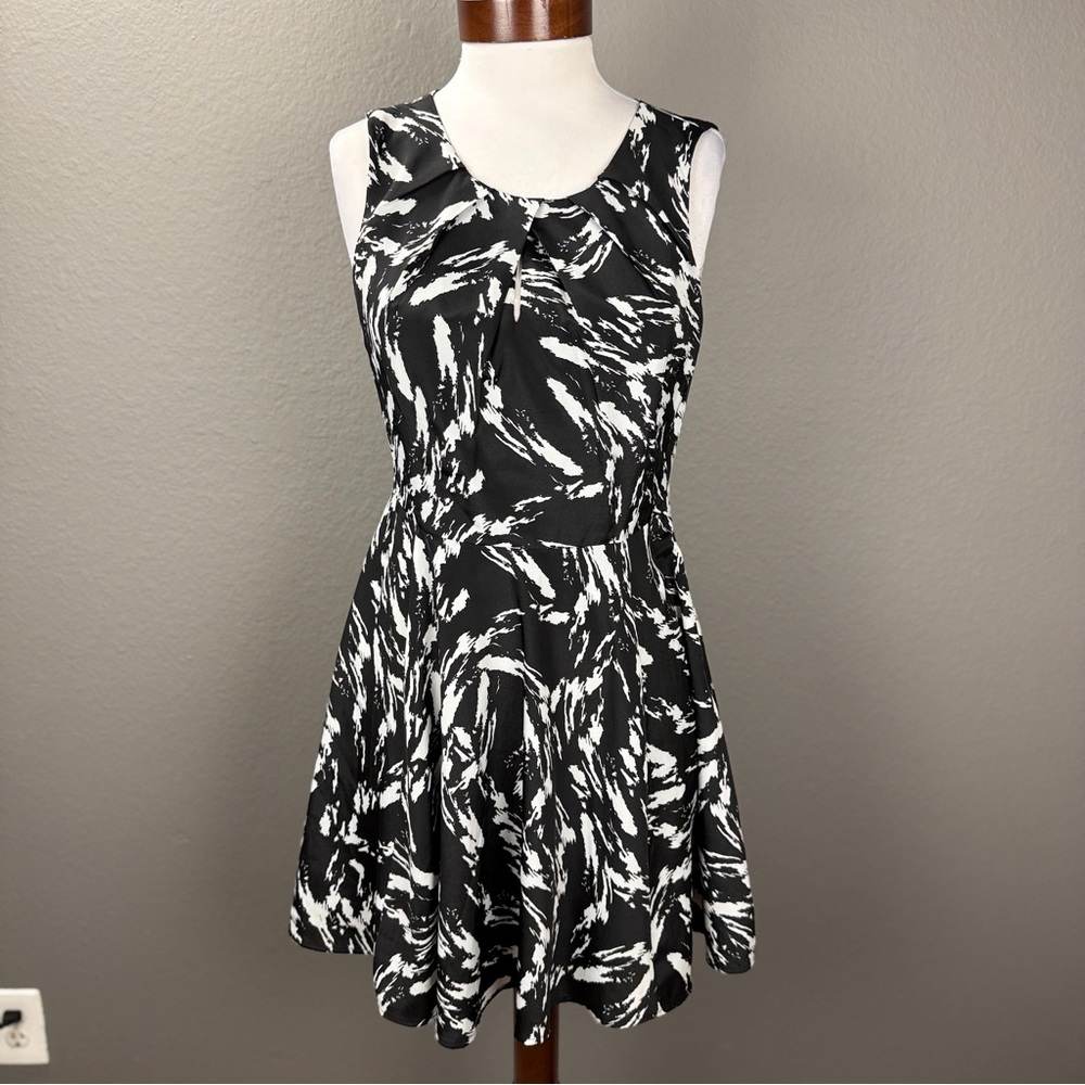 Express Women's  Black White Abstract Brushstroke Fit n Flare Dress Sz 8 Fall